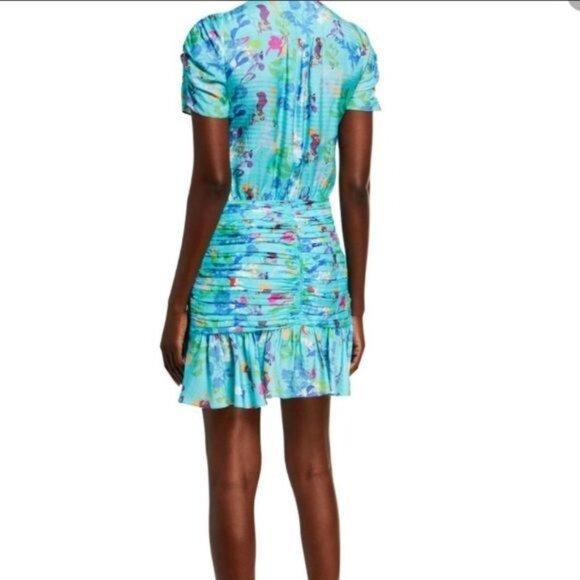 NWT Tanya Taylor Zora Ruched Mini Dress Size 2 Turquoise V-neck Casual Silk - Picture 3 of 7